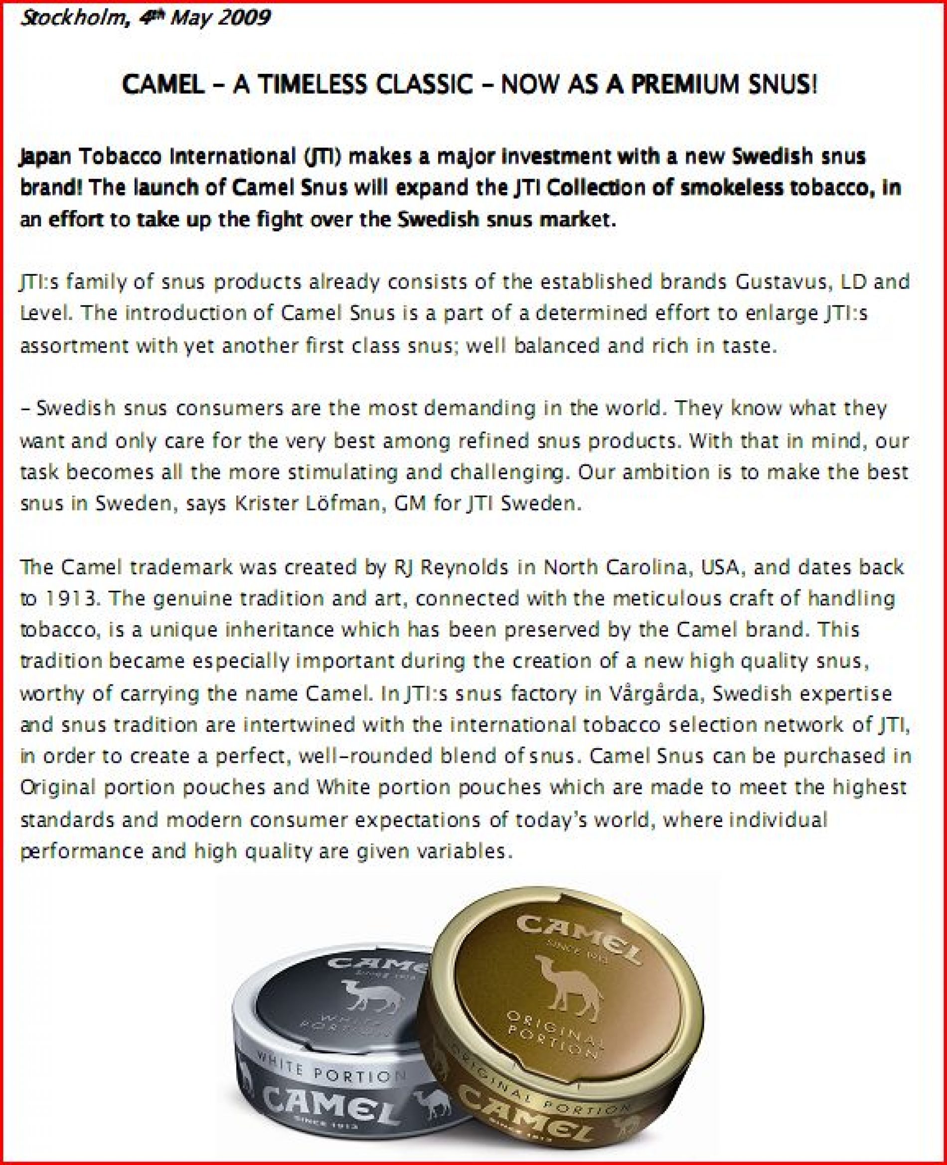 CAMEL Snus by JTI – a great tasting new Premium Swedish Snus.